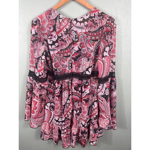 Forever 21 Women's Size Medium Pink Ruffles Paisley Print Bell Sleeve Mini Dress - Picture 2 of 11